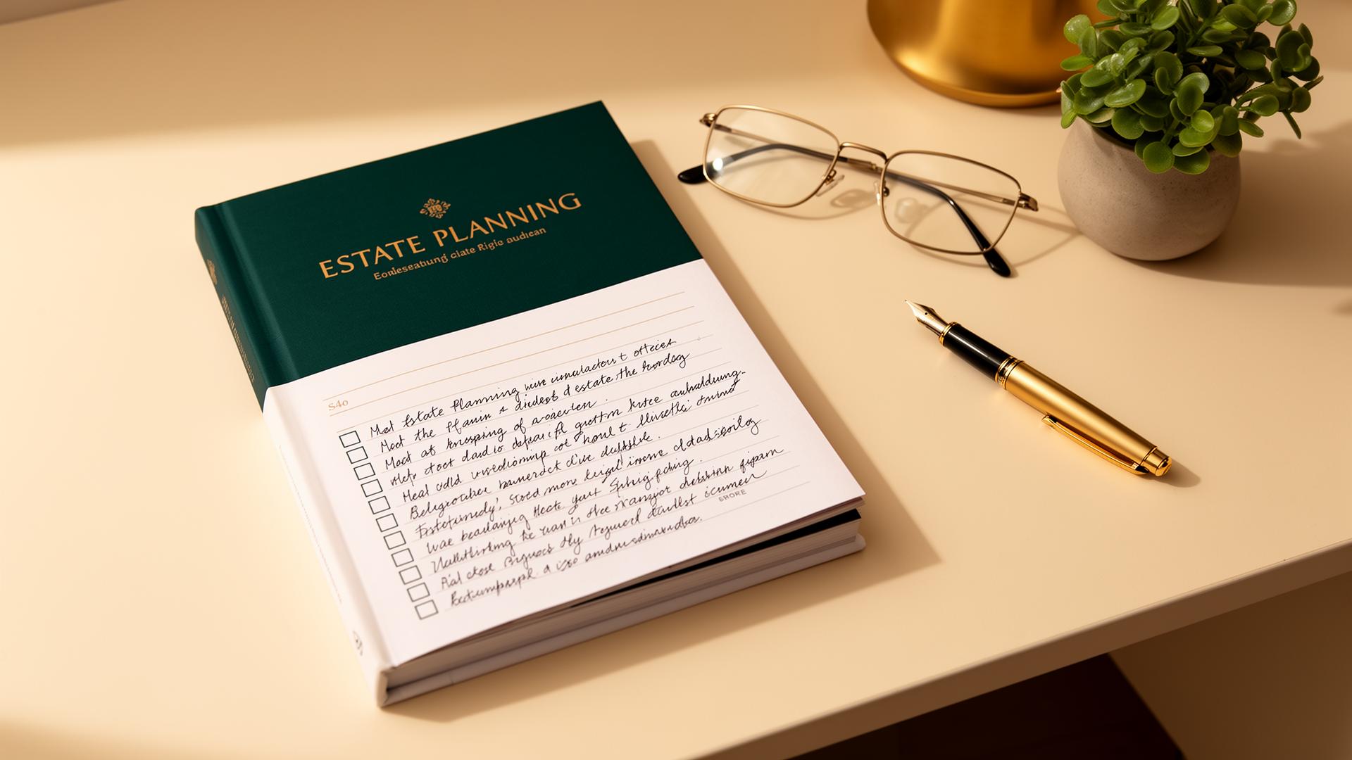 De gedrukte Erfeniswijzer Gids met handgeschreven checklist, leesbril en vulpen op een warm bureau