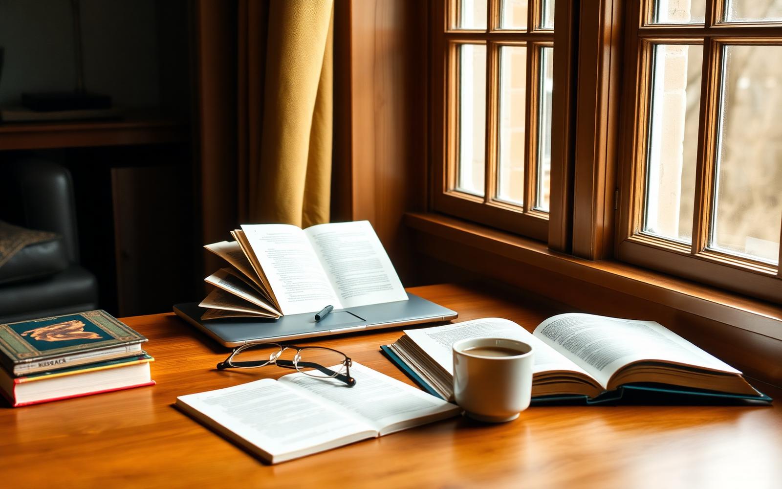 Rustige leeshoek met boeken, een laptop en een kop thee bij het raam